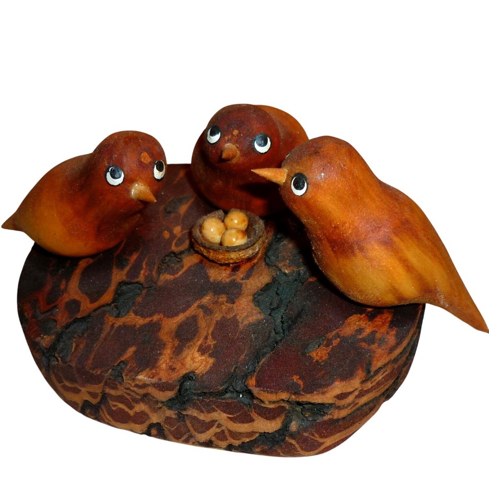 Signed Ortega NM Folk Art Carved Wood Bird Family Nest Eggs Burl Base Santa Fe